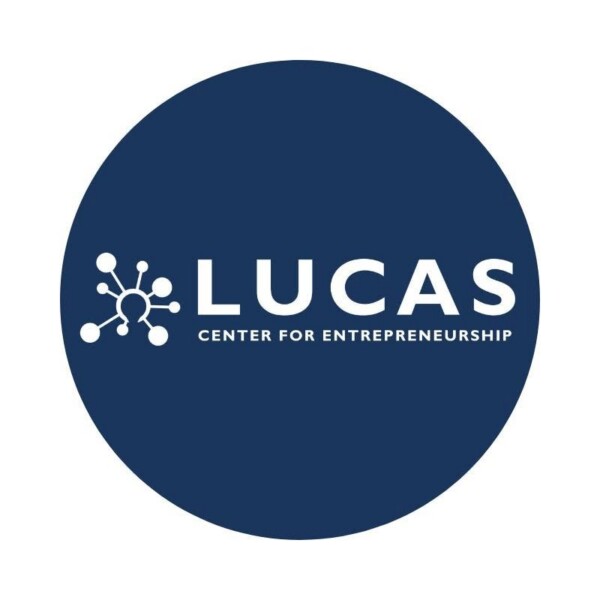Logo for the Lucas Center for Entrepreneurship featuring a circular blue background with white text and a network-like graphic on the left.