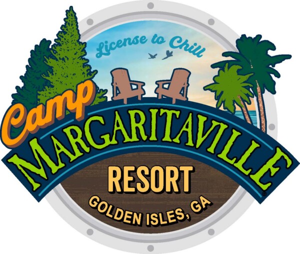 Medallion Sign Logo for Camp Margaritaville Resort in the Golden Isles, featuring a pine tree, a palm tree, and two Adirondack chairs, as seen in the Golden Isles FY2026 Year in Review.